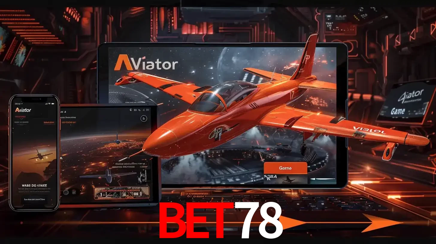 Apresentação tecnológica do jogo Aviator com um avião saindo da tela de um tablet, demonstrando a experiência imersiva em múltiplos dispositivos no BET78.