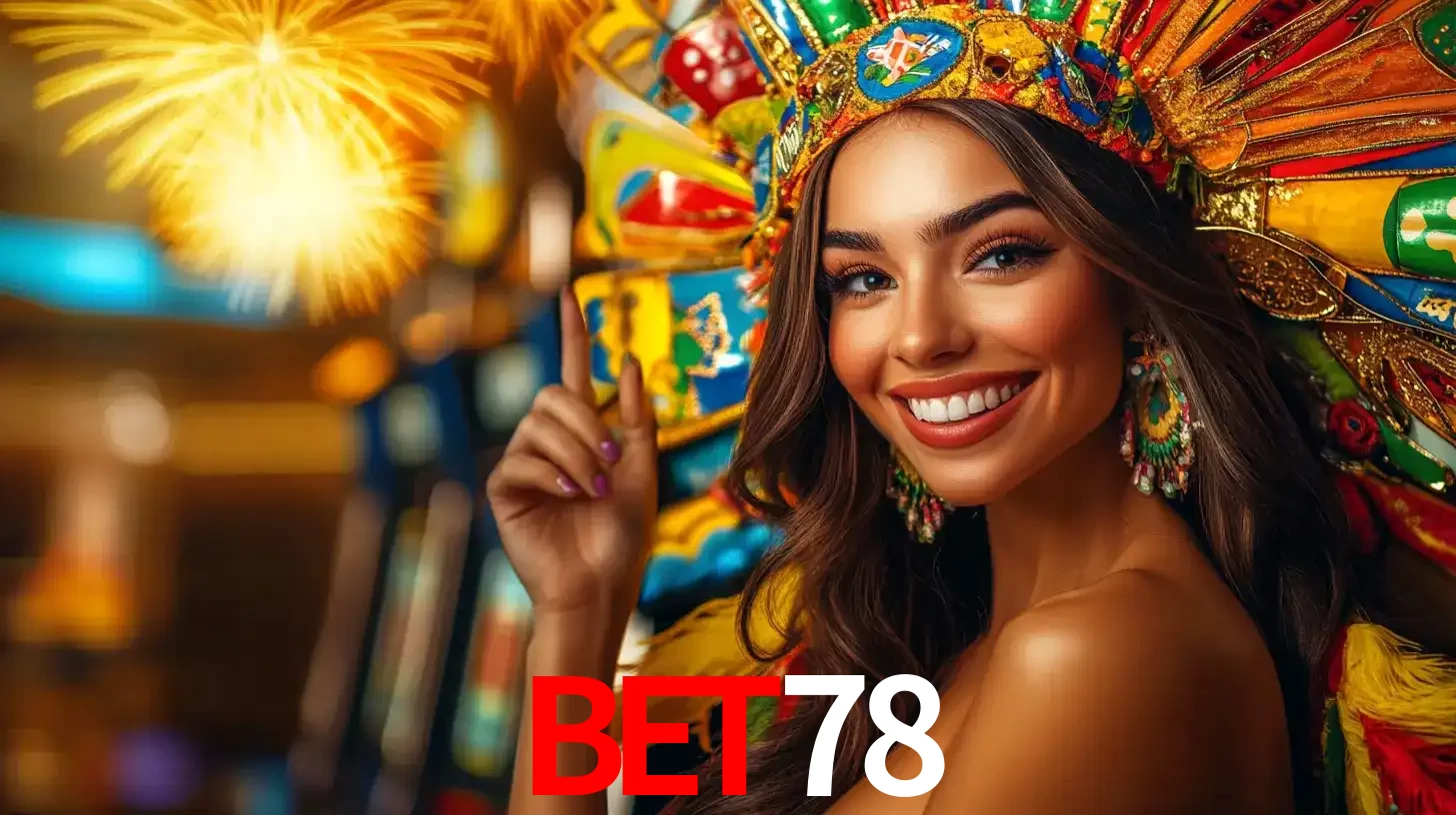 Mulher sorridente com um cocar de carnaval vibrante e colorido, celebrando uma grande vitória nos jogos do cassino BET78 com fogos de artifício ao fundo.