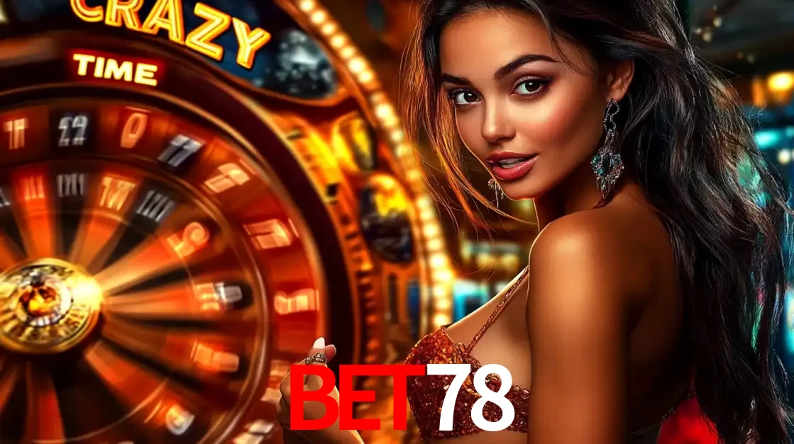 Mulher ao lado da roda de prêmios do jogo de cassino ao vivo Crazy Time, um dos shows de jogos mais emocionantes oferecidos pela plataforma de apostas BET78.