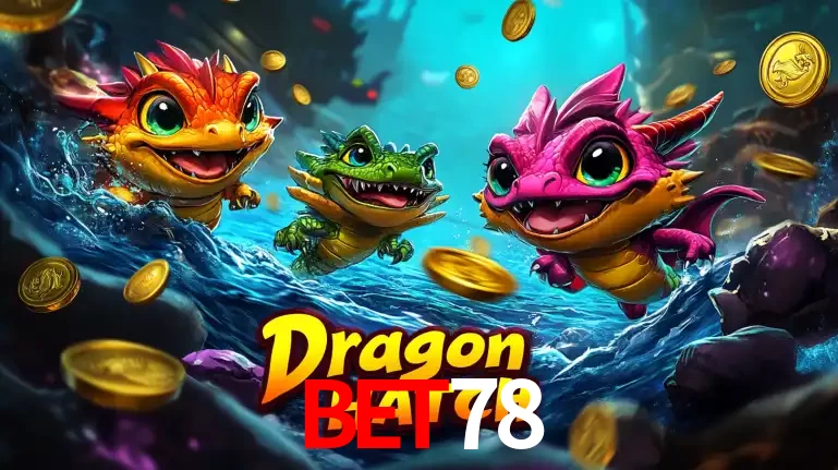 Arte promocional do jogo Dragon Hatch com três adoráveis dragões bebês nadando entre moedas de ouro, um dos slots mais divertidos para jogar no cassino BET78.