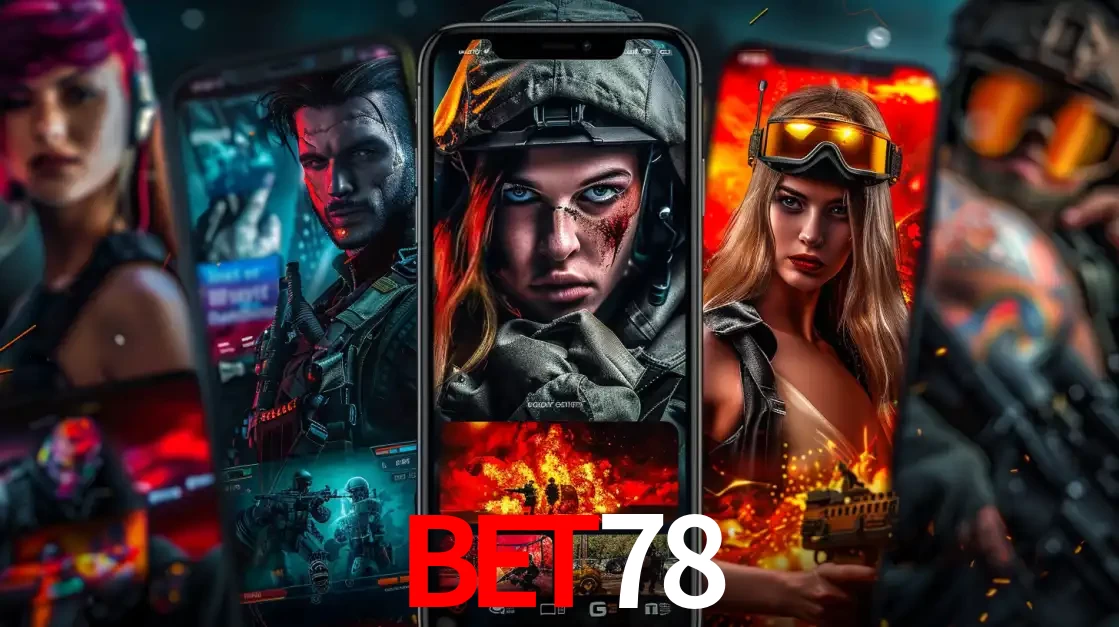 Montagem de telas de celular mostrando diversos personagens, masculinos e femininos, de um jogo de tiro, ilustrando a diversidade de equipes de e-sports para apostar no BET78.