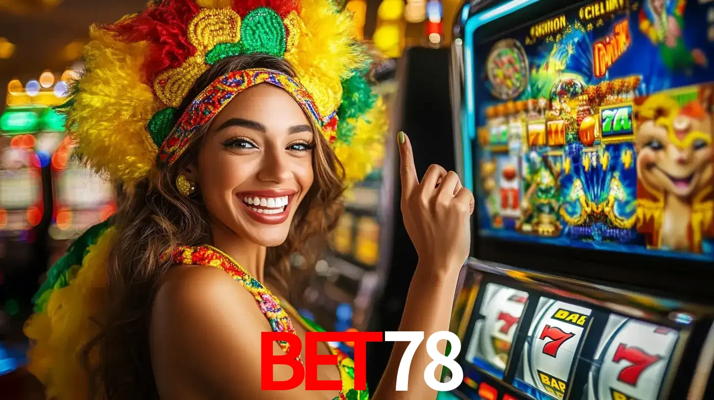 Mulher animada com um cocar de carnaval apontando para uma máquina de caça-níqueis, mostrando a emoção de ganhar um grande prêmio nos jogos do BET78.