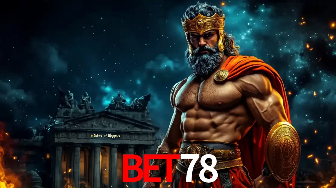 O poderoso Zeus do jogo de slot Gates of Olympus em frente ao seu templo, pronto para lançar multiplicadores divinos e prêmios épicos no cassino online BET78.