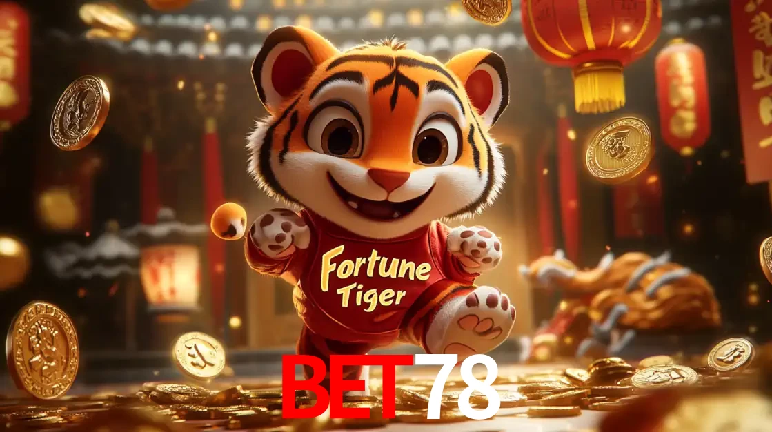 O alegre personagem do Fortune Tiger correndo sobre um caminho de moedas de ouro, simbolizando os grandes prêmios e a diversão do popular jogo de slot do BET78.