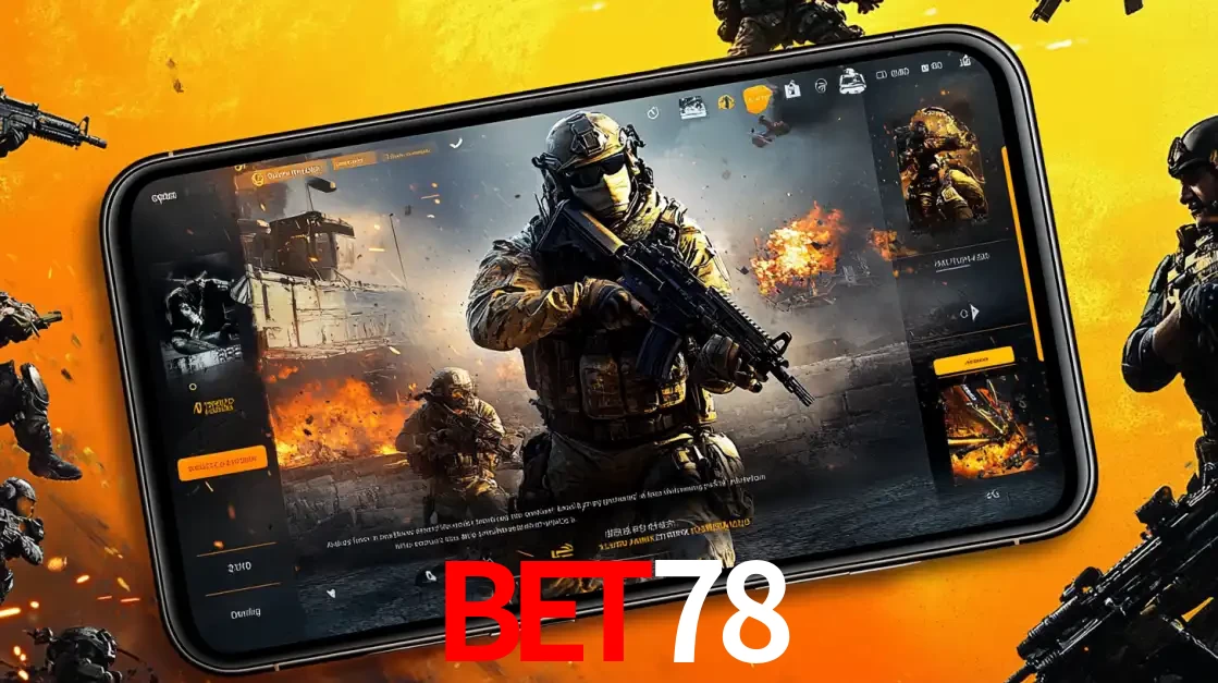 Um smartphone exibindo a interface de um jogo de tiro em primeira pessoa, com um soldado em um cenário de batalha, representando a ação dos e-sports para apostar no BET78.