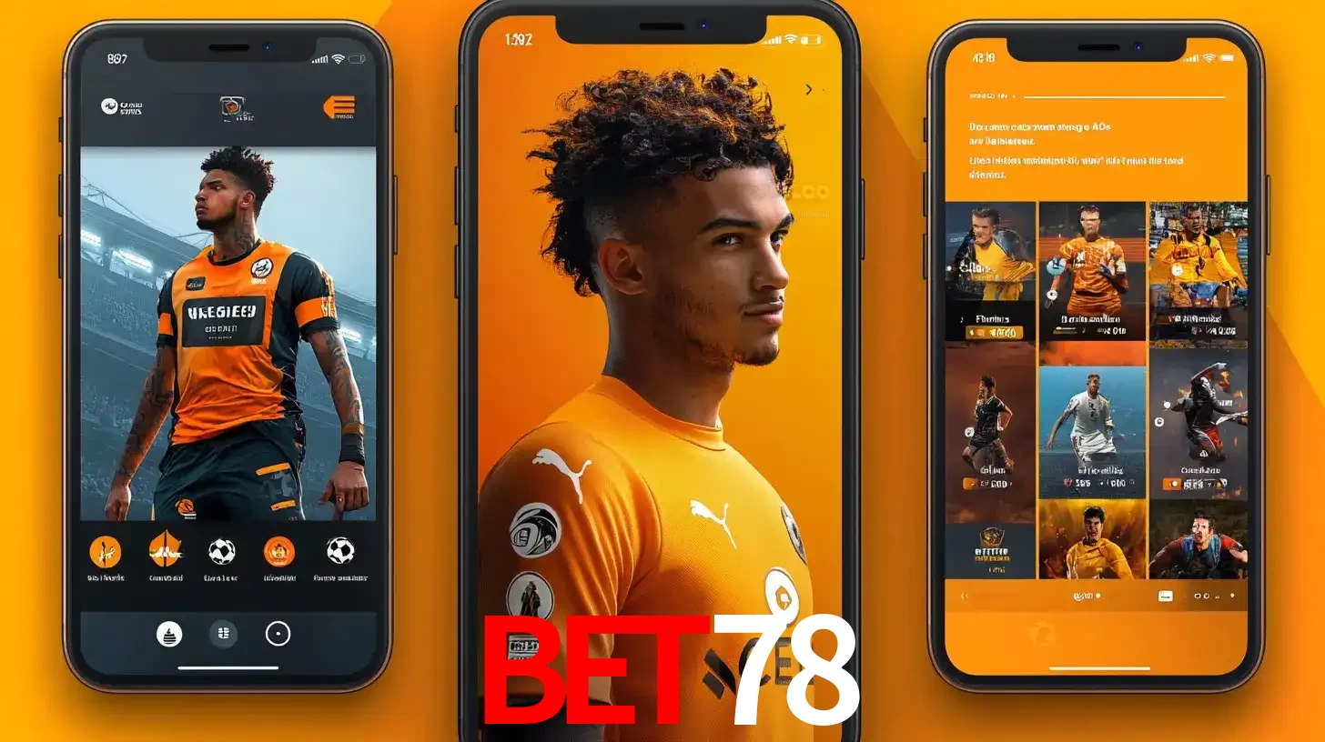 Interface do aplicativo de apostas esportivas BET78 em três telas de celular, mostrando o perfil de um jogador de futebol e a lista de jogos disponíveis para apostar.