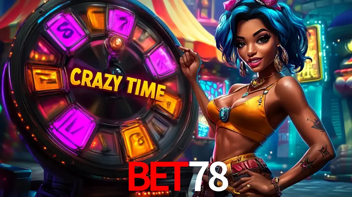 Mulher estilizada com cabelo azul e visual vibrante posando ao lado da roda de prêmios do game show Crazy Time, convidando para a diversão e os bônus do cassino BET78.
