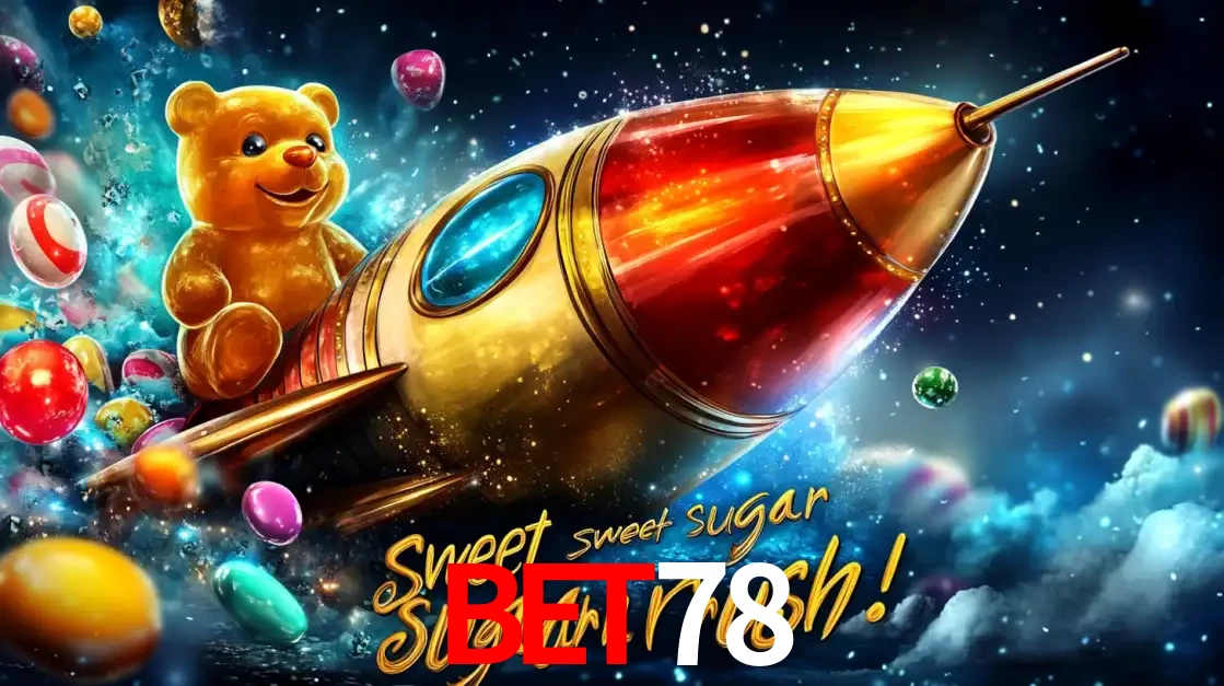 Arte promocional do jogo de slot Sugar Rush, com um urso de pelúcia em um foguete viajando pelo espaço de doces, um dos jogos divertidos disponíveis no cassino BET78.