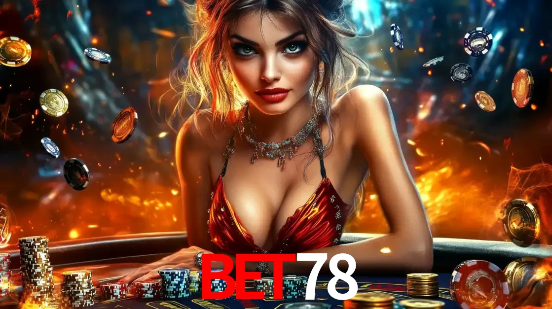 Mulher em uma mesa de cassino com pilhas de fichas e um fundo de fogo, pronta para uma rodada de altas apostas nos jogos de mesa emocionantes do cassino BET78.