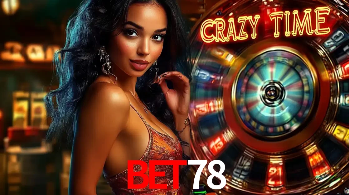 Mulher elegante ao lado da vibrante roda da fortuna do jogo de cassino ao vivo Crazy Time, um dos game shows mais populares e cheios de prêmios do BET78.