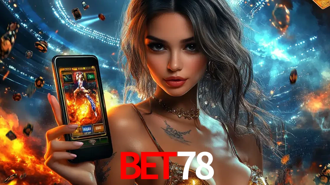 Mulher segurando um celular com um jogo de slot em destaque, tendo como fundo um estádio vibrante, simbolizando a emoção de jogar no cassino móvel BET78.
