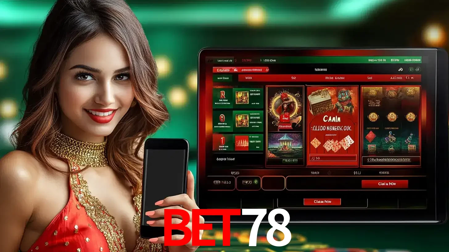 Mulher sorridente segurando um smartphone, ao lado de uma tela exibindo o lobby de jogos do cassino online BET78, com várias opções de jogos de cartas e slots.
